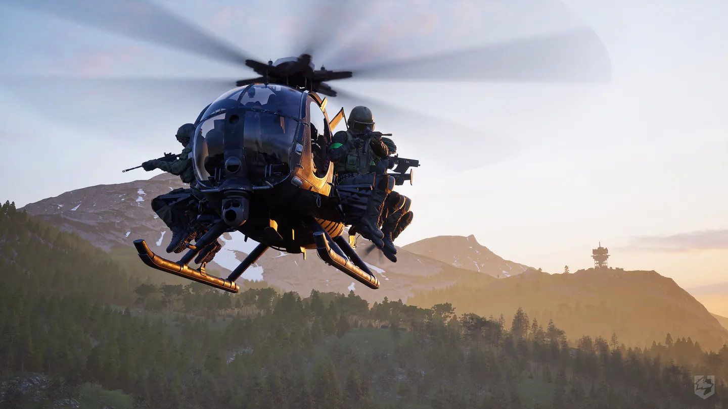 Helicopter transporting WARDOGS players across the battlefield