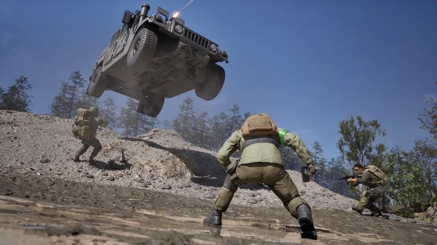 Armored WARDOGS transport vehicle jumping over infantry on rough terrain