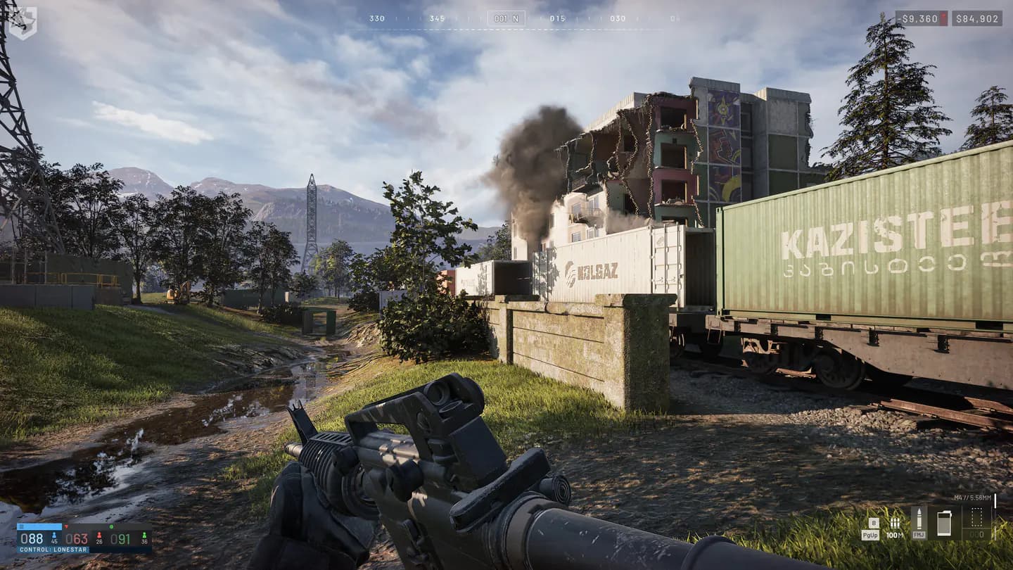 WARDOGS player facing a damaged building with Control Zone scores and cash visible on the HUD