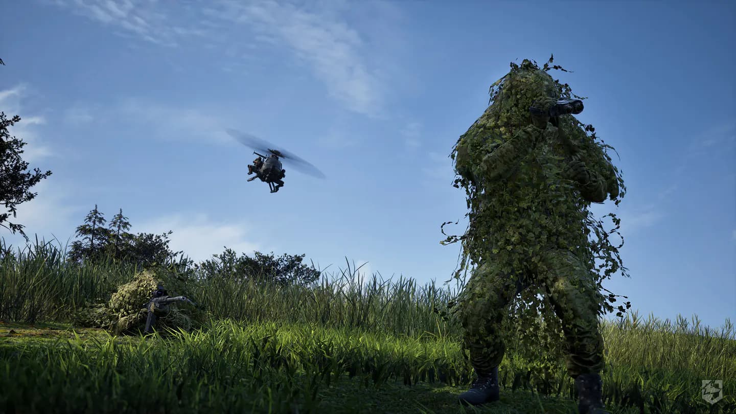 Two WARDOGS players in ghillie suits watching a helicopter pass overhead