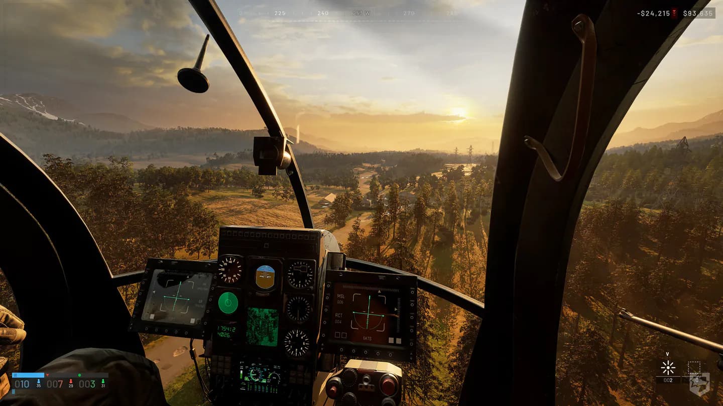 WARDOGS helicopter cockpit flying toward the battlefield at sunset