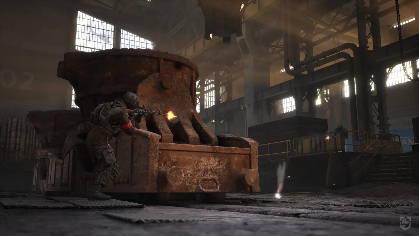 WARDOGS industrial foundry interior with heavy machinery and a damaged wall
