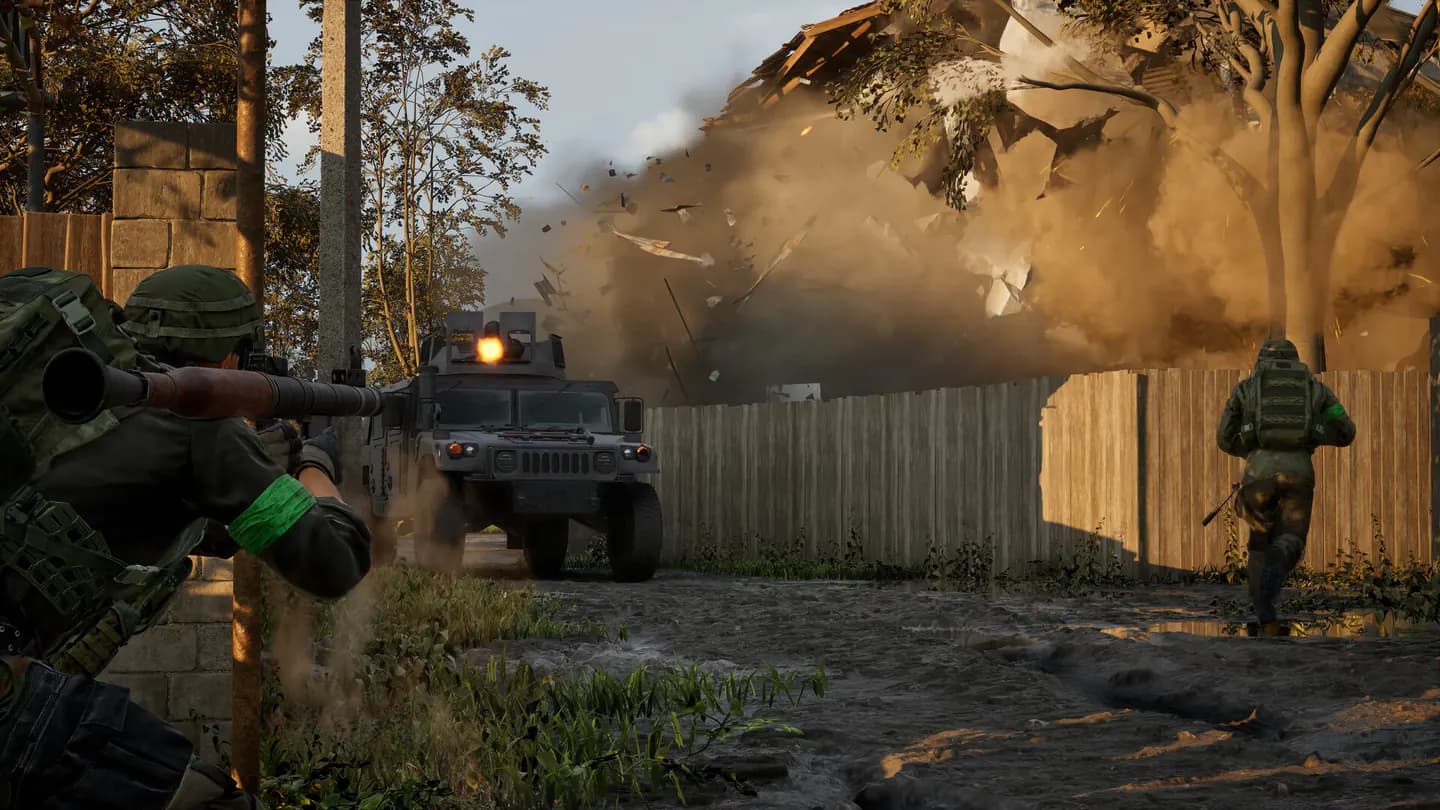 WARDOGS player firing a rocket launcher as a nearby building breaks apart