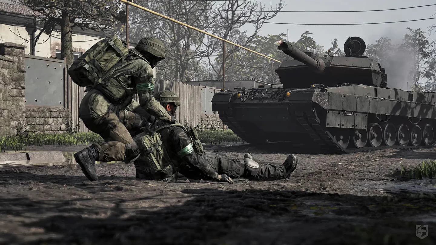 WARDOGS infantry advancing beside a heavy tank on an industrial road